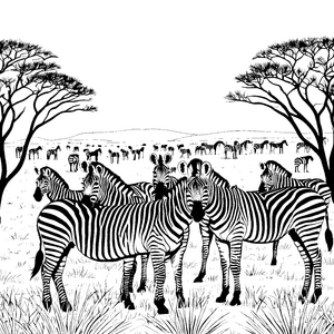 Zebras in der weiten Savanne Ausmalbild für kleine Tierfreunde