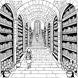 Faszinierende Bibliothek mit geheimnisvollen Büchern Malvorlage für wissbegierige Entdecker