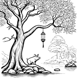 Fröhliches Hängebauchschwein am künstlerischen Baum Ausmalvorlage für neugierige Naturentdecker