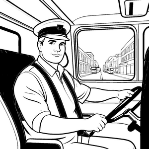 Faszinierender Busfahrer im Stadtverkehr Ausmalbild für kleine Verkehrsfreunde