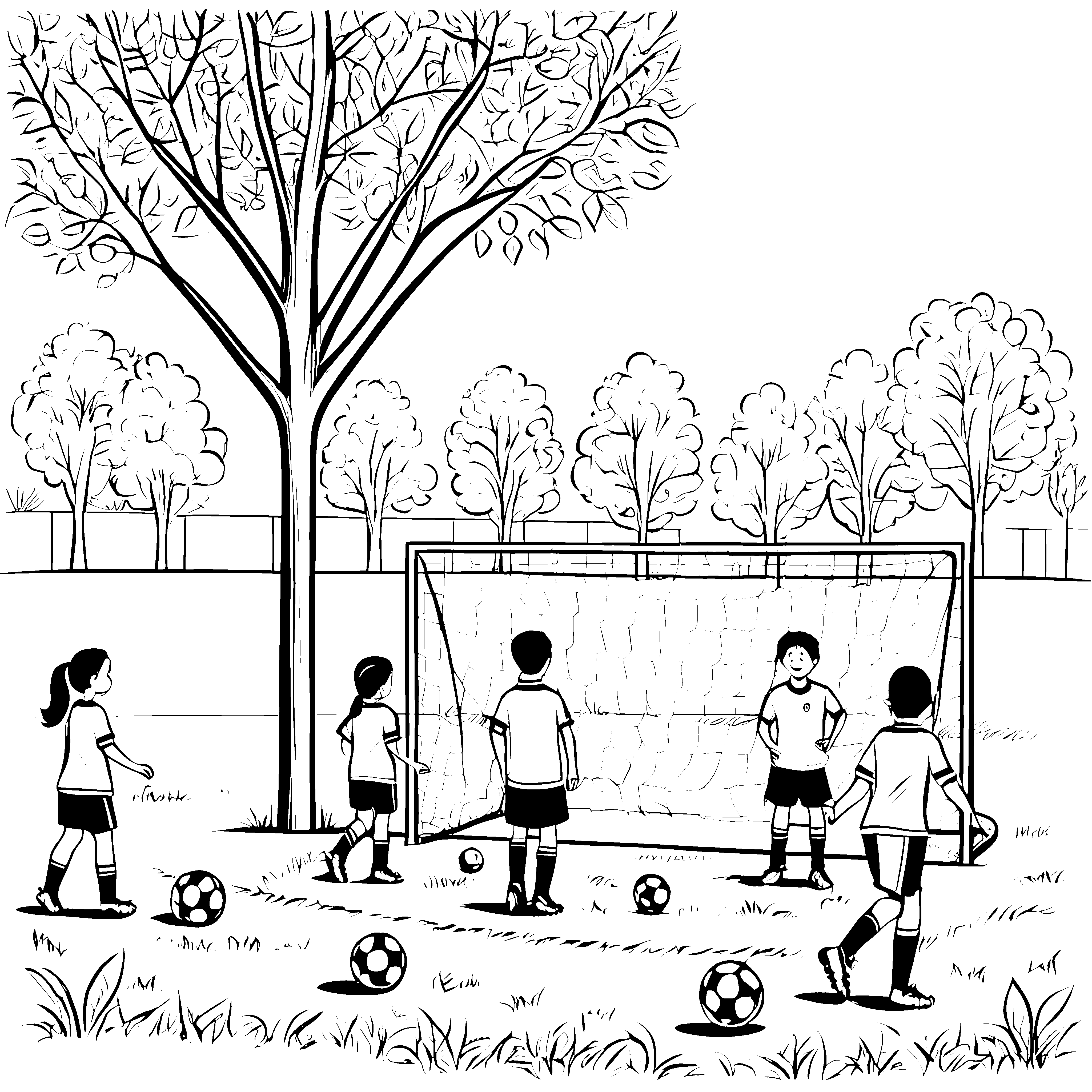 Kickerfreunde im spannenden Spielgeschehen Ausmalbild für junge Fußballbegeisterte