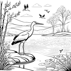 Stolzer Storch am glitzernden See Ausmalmotiv für kleine Naturentdecker