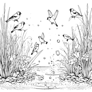 Spritzige Vögel im schimmernden Wasser Ausmalbild für neugierige Naturforscher