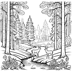 Verspielte Rehe am glitzernden Bach Malvorlage für kleine Naturforscher