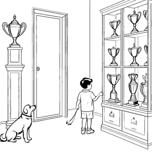 Trophäenschrank voller strahlender Pokale Ausmalbild für neugierige Entdecker