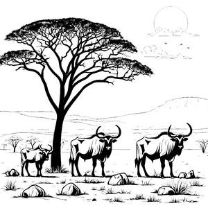 Gnus in der afrikanischen Savanne unter strahlender Sonne Ausmalvorlage für abenteuerliche Naturentdecker