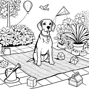 Beagle im bunten Garten mit Spielsachen Ausmalvorlage für kreative Entdecker