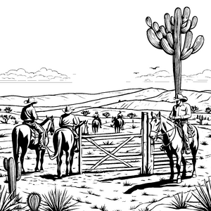Cowboys auf der Weide mit aufregenden Abenteuern Ausmalvorlage für kleine Entdecker