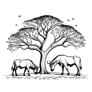 Tolle Gnus unter schattenspendendem Baum Ausmalmotiv für neugierige Naturentdecker