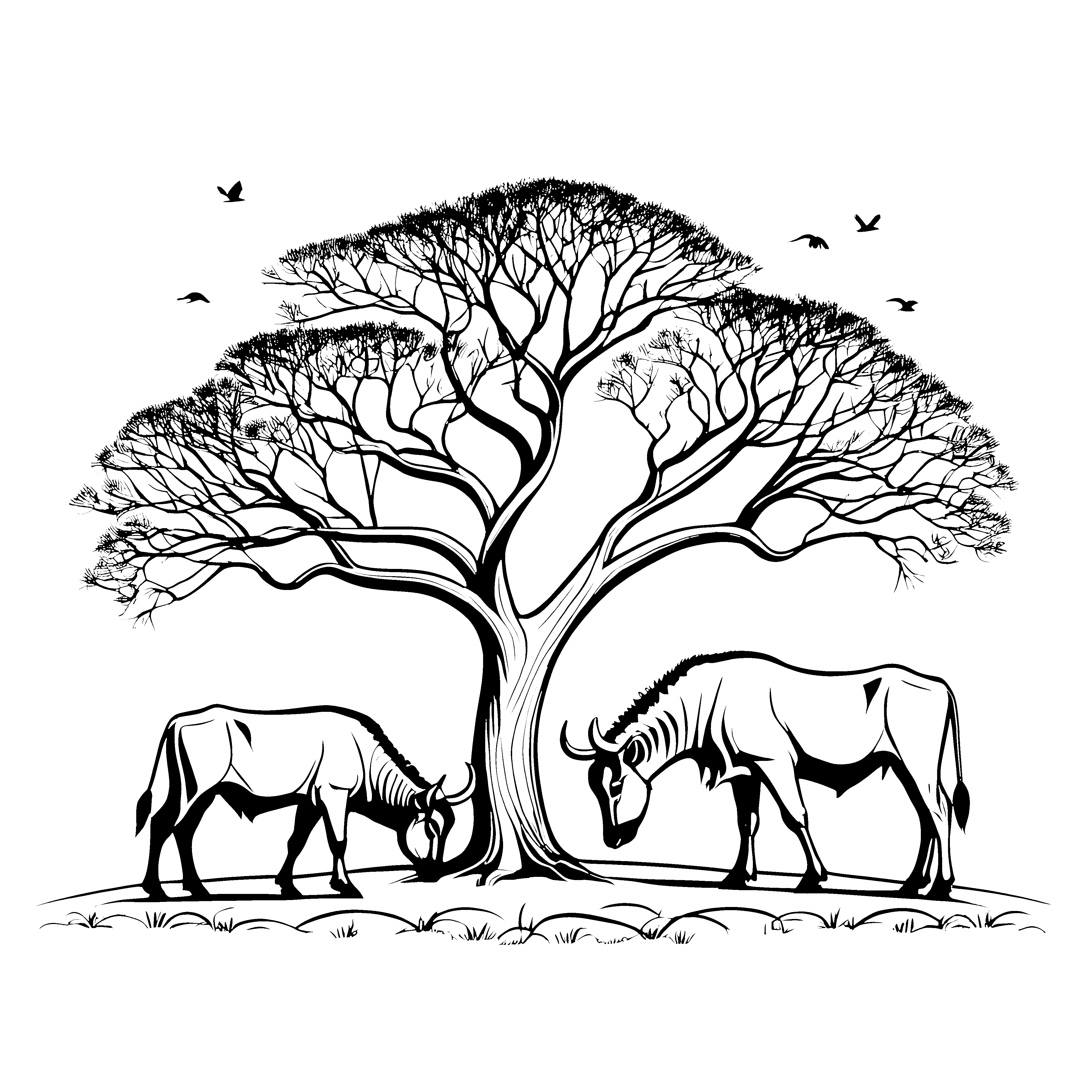 Tolle Gnus unter schattenspendendem Baum Ausmalmotiv für neugierige Naturentdecker