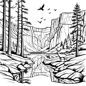 Majestätische Schluchtlandschaft mit spiegelndem Wasser Ausmalvorlage für kleine Naturforscher