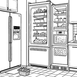Bunte Gemüsevielfalt im modernen Gefrierschrank Ausmalmotiv für kleine Küchenchefs