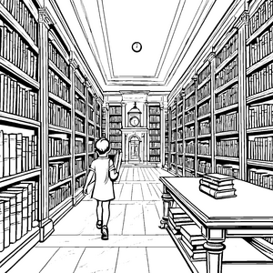 Entdeckungsreise durch die geheimnisvolle Bibliothek Ausmalbild für wissbegierige Leseratten