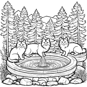 Norwegische Waldkatzen am sprudelnden Brunnen Ausmalbild für abenteuerliche Tierfreunde
