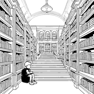 Magische Bibliothek mit unendlichen Abenteuerlust Ausmalvorlage für wissbegierige Entdecker