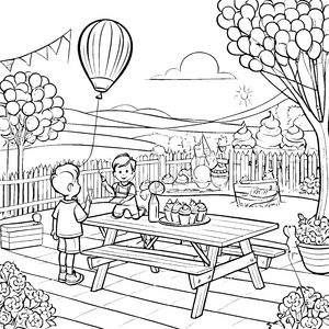 Bunte Luftballons über fröhlichem Kindergeburtstag Ausmalbild für kleine Feierfreunde