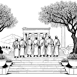 Sechs weise Philosophen vor majestätischem Tempel Ausmalbild für aufmerksame Entdecker