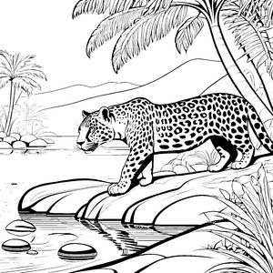 Majestätischer Jaguar am ruhigen Flussufer Ausmalbild für abenteuerlustige Tierentdecker
