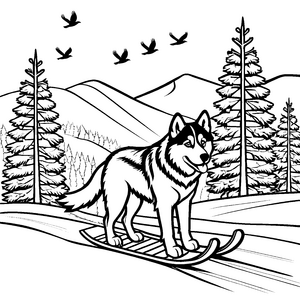 Abenteuerlicher Husky auf der Schneebahn Ausmalbild für mutige Entdecker