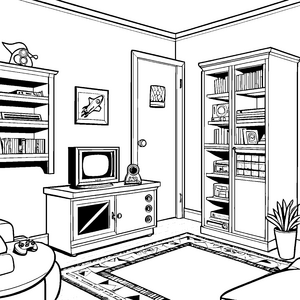 Kreativer TV-Schrank im stilvollen Wohnzimmer Ausmalmotiv für junge Einrichtungsdesigner