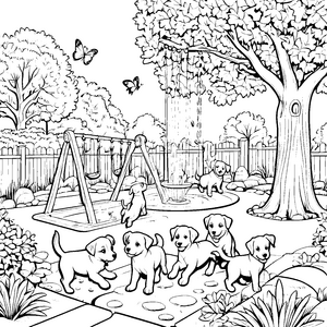 Verspielte Welpen im bunten Garten Ausmalvorlage für kleine Abenteurer