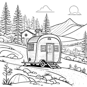 Gemütlicher Wohnwagen auf malerischem Campingplatz Ausmalbild für abenteuerlustige Entdecker
