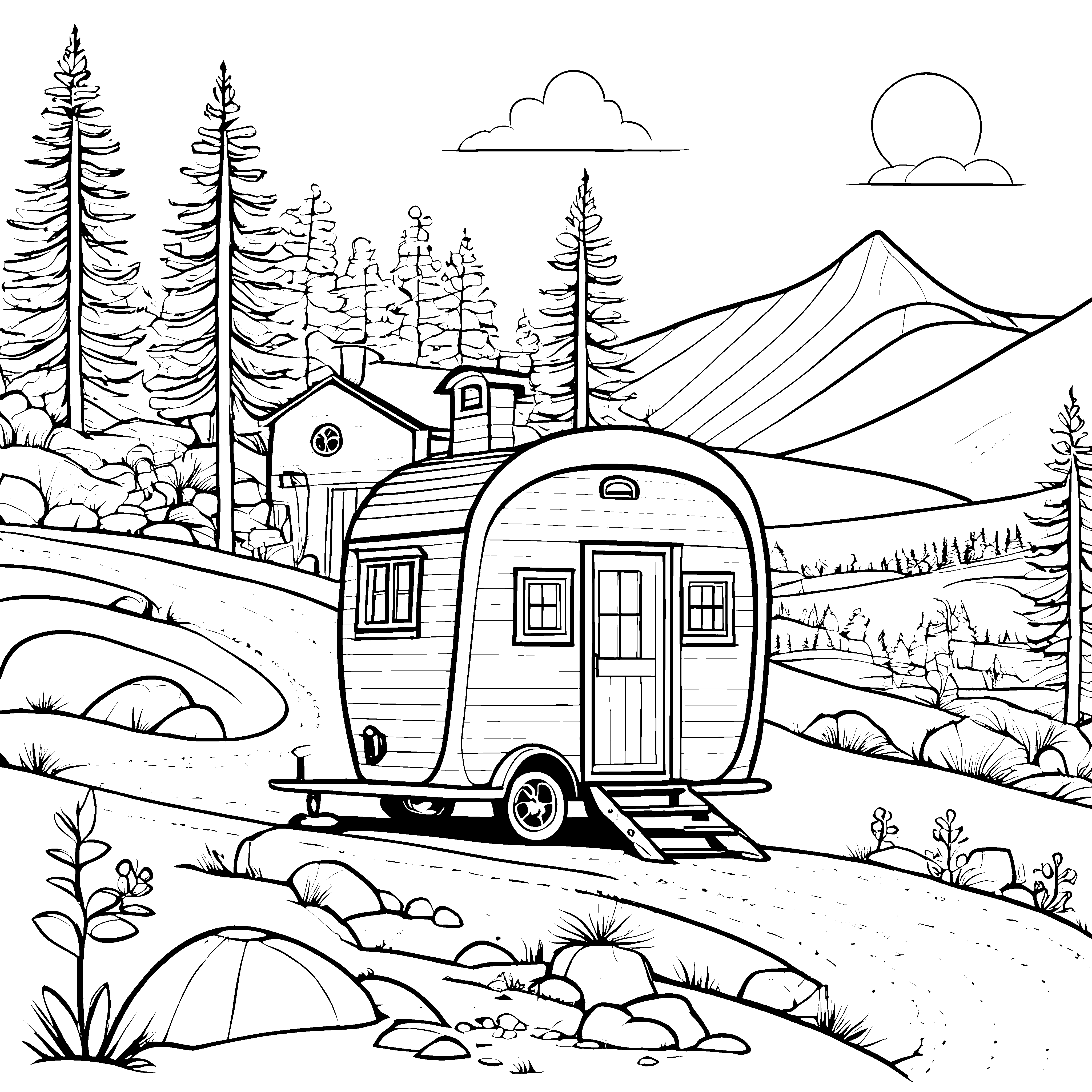 Gemütlicher Wohnwagen auf malerischem Campingplatz Ausmalbild für abenteuerlustige Entdecker