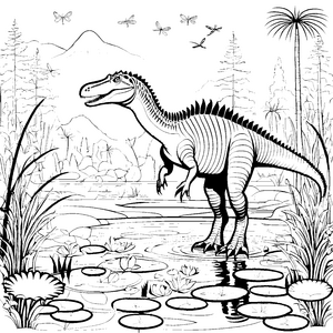 Spinosaurus im schimmernden Wasserlande Ausmalvorlage für abenteuerliche Dino-Fans