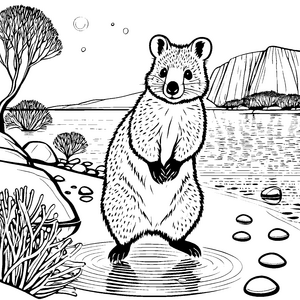 Quokka im Sprung über glitzerndes Wasser Ausmalbild für abenteuerlustige Tierfreunde