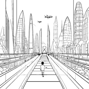 Futuristische Architektur in der schimmernden Metropole Ausmalbild für junge Visionäre