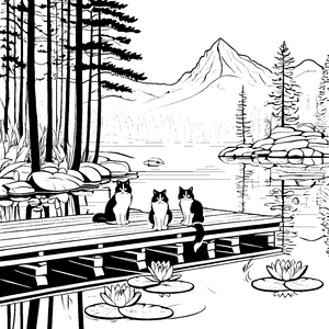 Spielerische Norwegische Waldkatzen am ruhigen See Ausmalbild für fantasievolle Tierfreunde