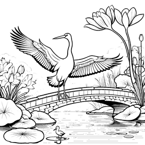 Majestätischer Storch auf malerischer Brücke Ausmalbild für fantasievolle Künstler