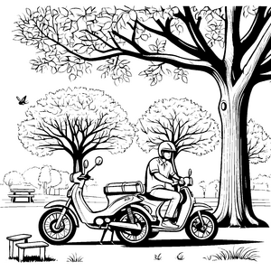 Spaßiges Moped unter blühendem Baum Ausmalmotiv für abenteuerlustige Künstler