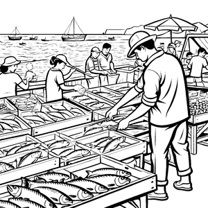 Kreativer Markttag voller frischer Fische Ausmalmotiv für kleine Kulinariker