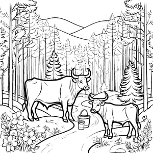 Majestätische Stiere auf der blühenden Wiese Ausmalvorlage für kleine Naturfreunde