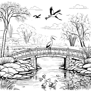 Eleganter Storch auf malerischer Brücke Ausmalbild für naturverliebte Künstler
