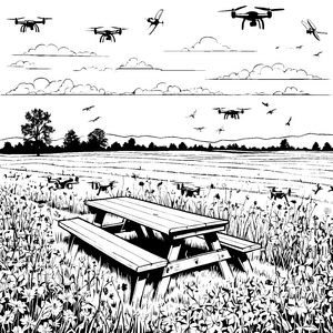 Faszinierende Drohnen über blühendem Feld Ausmalvorlage für neugierige Technikfreunde