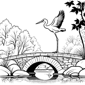 Stolzer Storch auf der malerischen Brücke Ausmalvorlage für neugierige Naturliebhaber