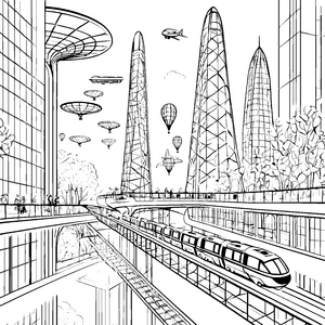Futuristisches Stadtbild mit schwebenden Fahrzeugen Malvorlage für kreative Visionäre