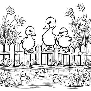 Fröhliche Entenküken am Teich mit bunten Blumen Ausmalvorlage für kleine Naturfreunde