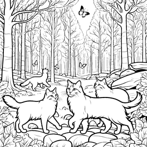 Knuffige norwegische Waldkatzen im blühenden Wald Ausmalbild für fantasievolle Tierexperten