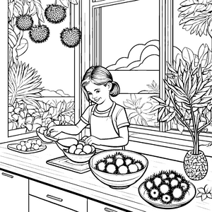 Fröhliches Rambutan-Erlebnis in der Küche Malvorlage für kleine Feinschmecker