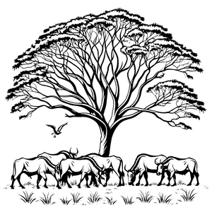 Grasende Gnus unter schattenspendendem Baum Ausmalvorlage für neugierige Naturentdecker