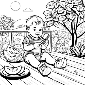 Kleine Entdecker genießen erfrischende Zuckermelonen im Garten Ausmalmotiv für fröhliche Künstler