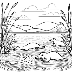 Flauschige Schnabeltier-Babys beim Wasserplanschen Ausmalvorlage für kreative Wasserabenteurer
