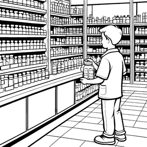 Apotheker bei der Auswahl von Heilmitteln Ausmalvorlage für angehende Gesundheitshelfer