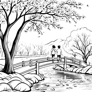 Verträumte Kinder auf Brücke über stillem Wasser Ausmalvorlage für abenteuerlustige Entdecker