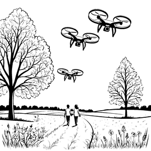 Futuristische Drohnen über blühendem Sommerfeld Ausmalbild für abenteuerlustige Entdecker