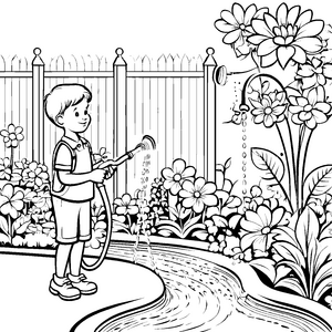 Fröhlicher Junge mit spritzendem Gartenschlauch Ausmalmotiv für abenteuerlustige Gartenfreunde
