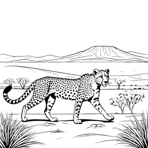 Eleganter Gepard in der savannischen Landschaft Malvorlage für junge Naturforscher
